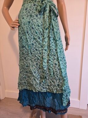 Kariza Blue Floral Boho Silk Double Layer Wrap Skirt